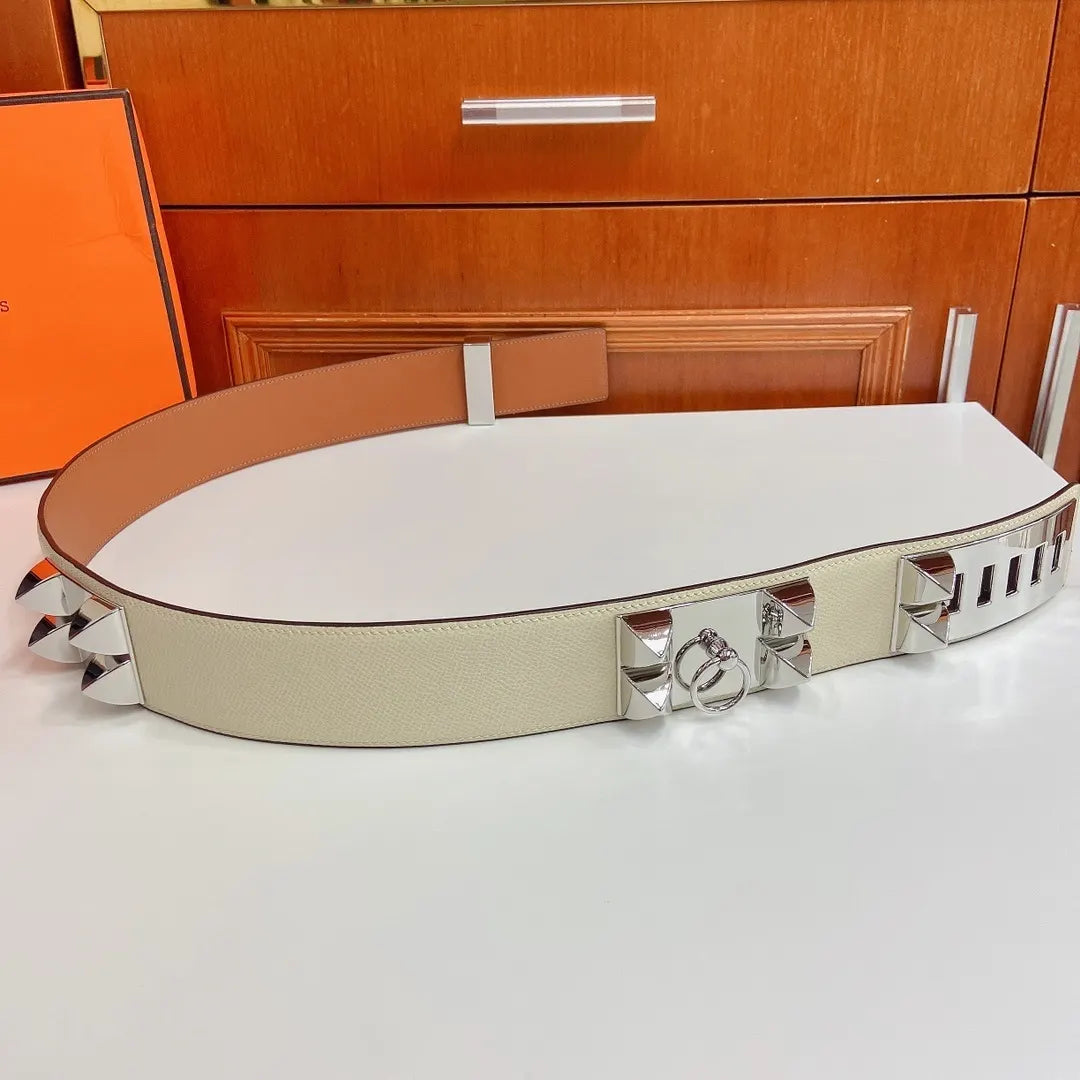 Hermes White Leather Belt Silver Medor Studs - Hình 7