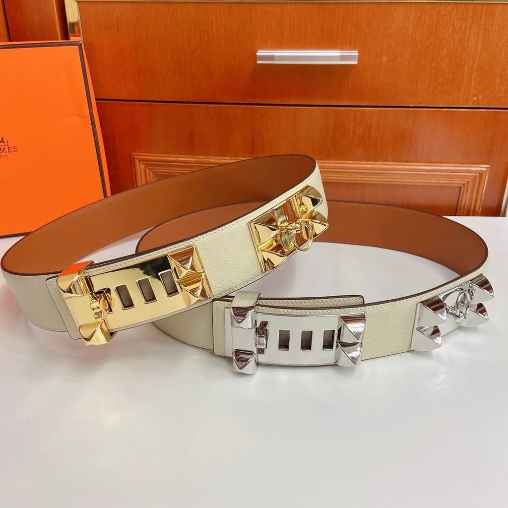 Hermes White Leather Belt Silver Medor Studs - Hình 8