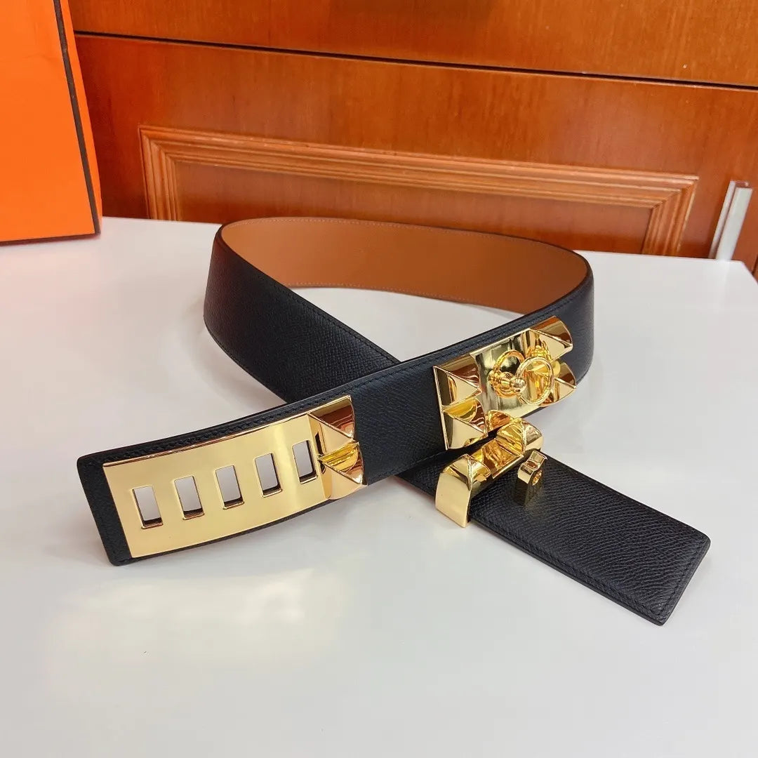 Hermes Black Leather Belt Gold Medor - Hình 2
