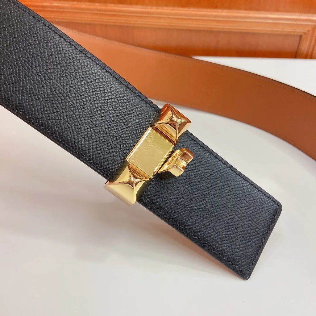 Hermes Black Leather Belt Gold Medor - Hình 3