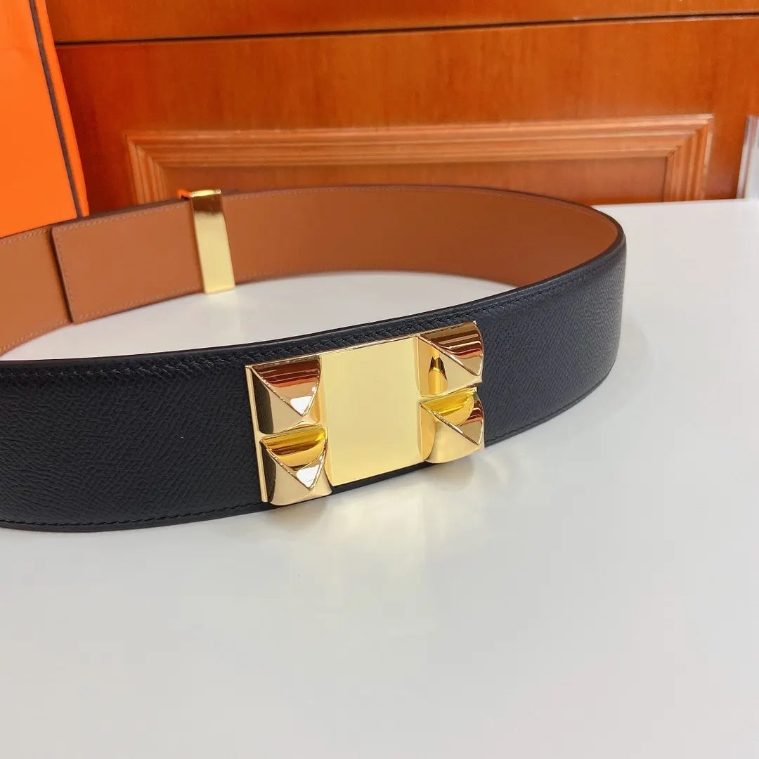 Hermes Black Leather Belt Gold Medor - Hình 5