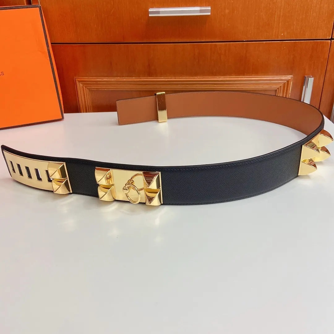 Hermes Black Leather Belt Gold Medor - Hình 6