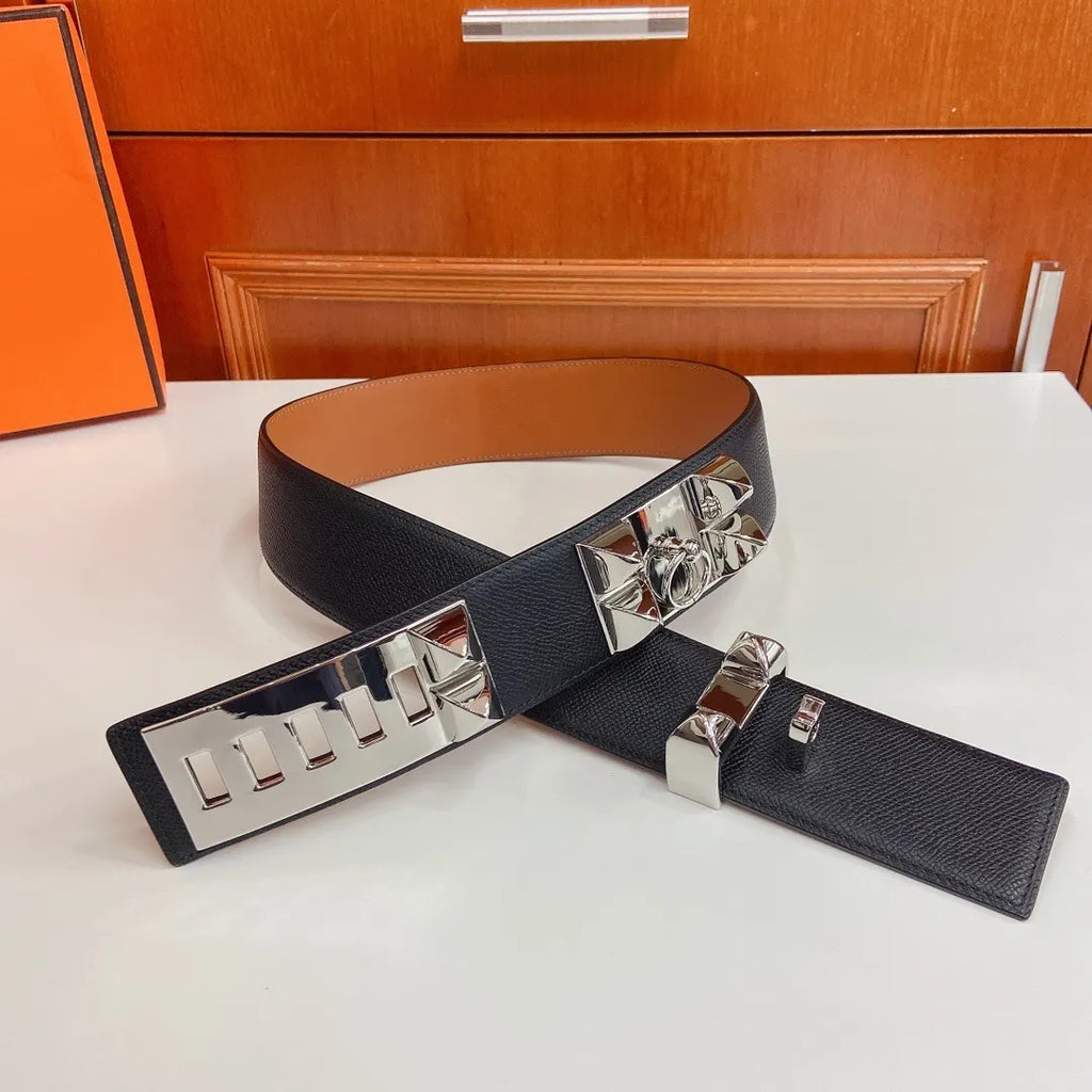 Hermes Black Leather Belt Silver Medor Buckle - Hình 2