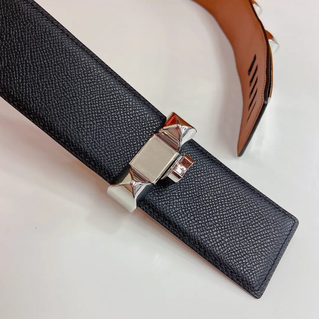 Hermes Black Leather Belt Silver Medor Buckle - Hình 3