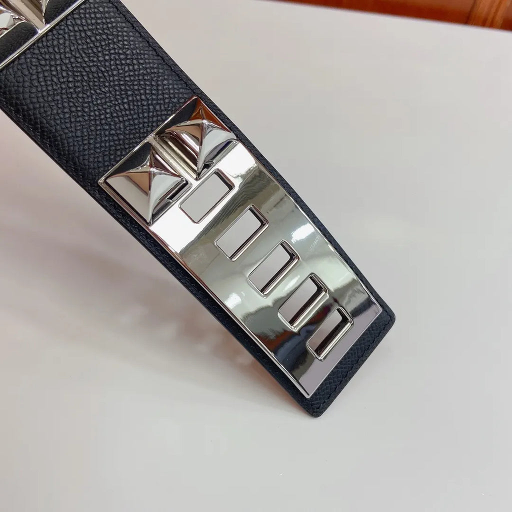 Hermes Black Leather Belt Silver Medor Buckle - Hình 4