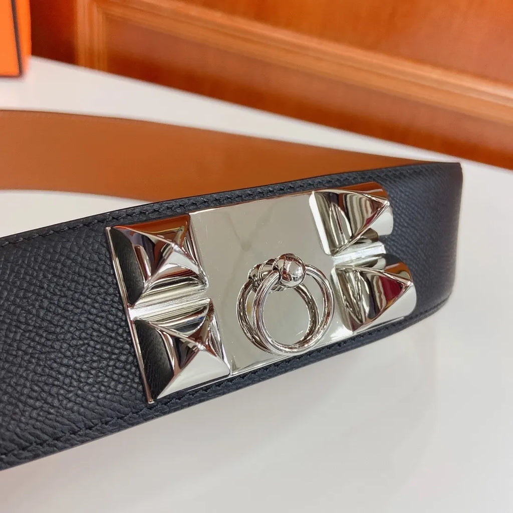 Hermes Black Leather Belt Silver Medor Buckle - Hình 5