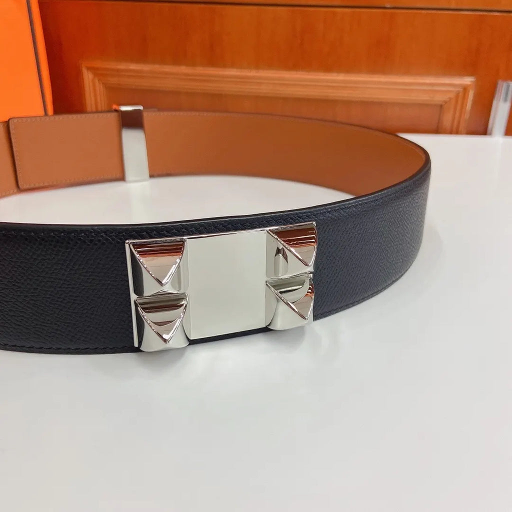 Hermes Black Leather Belt Silver Medor Buckle - Hình 6