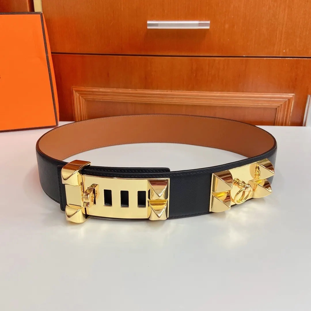 Hermes Black Leather Medor Studded Belt