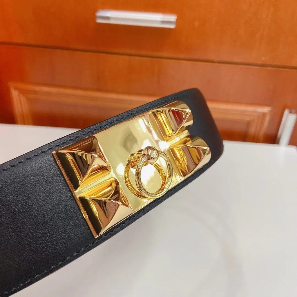 Hermes Black Leather Medor Studded Belt - Hình 2