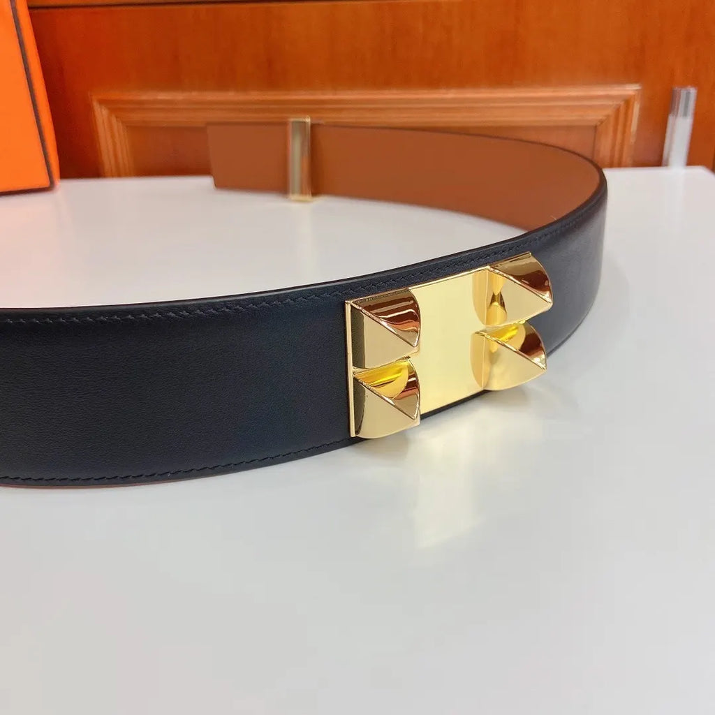 Hermes Black Leather Medor Studded Belt - Hình 3