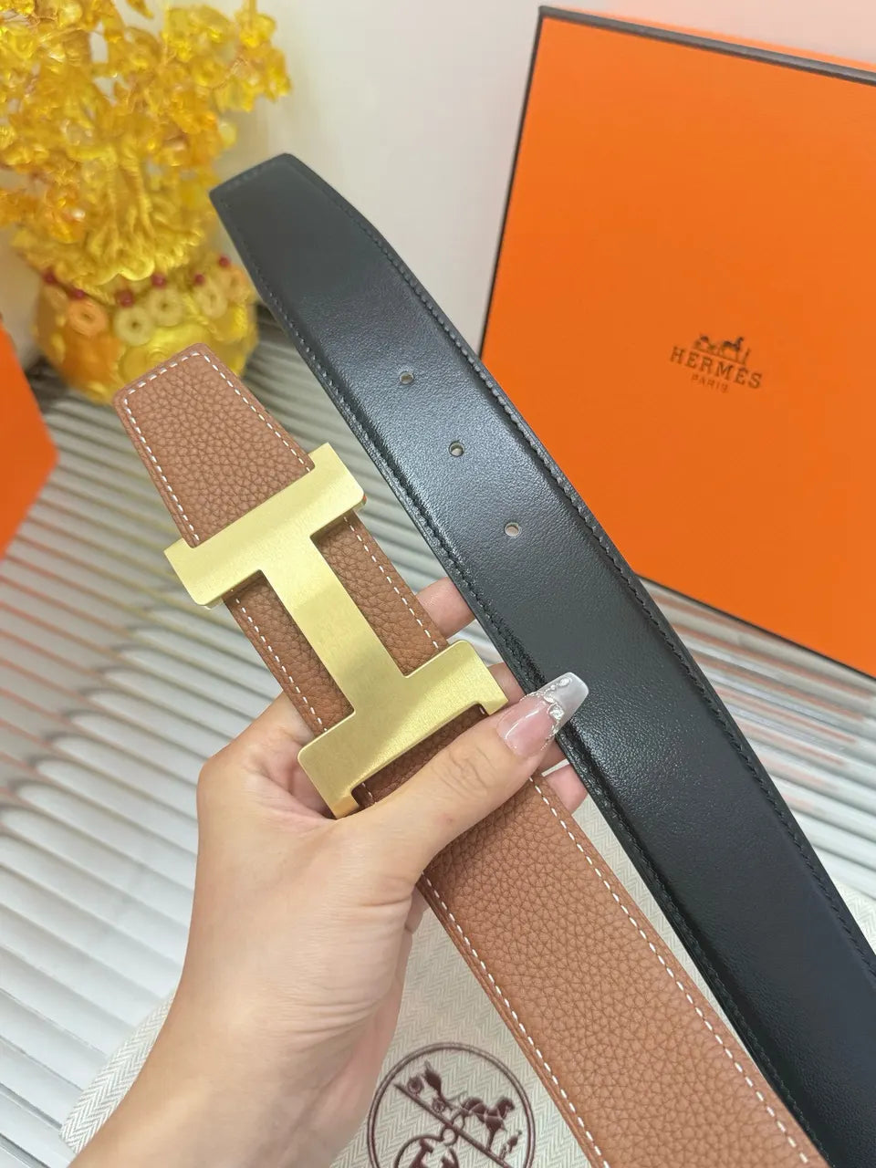 designer style Hermes Gold Buckle Brown Leather Belt