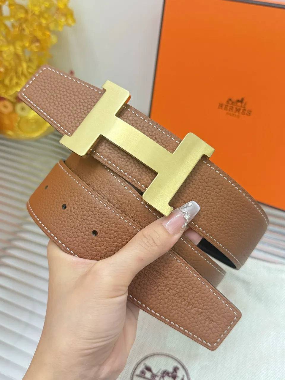 designer style Hermes Gold Buckle Brown Leather Belt - Hình 2