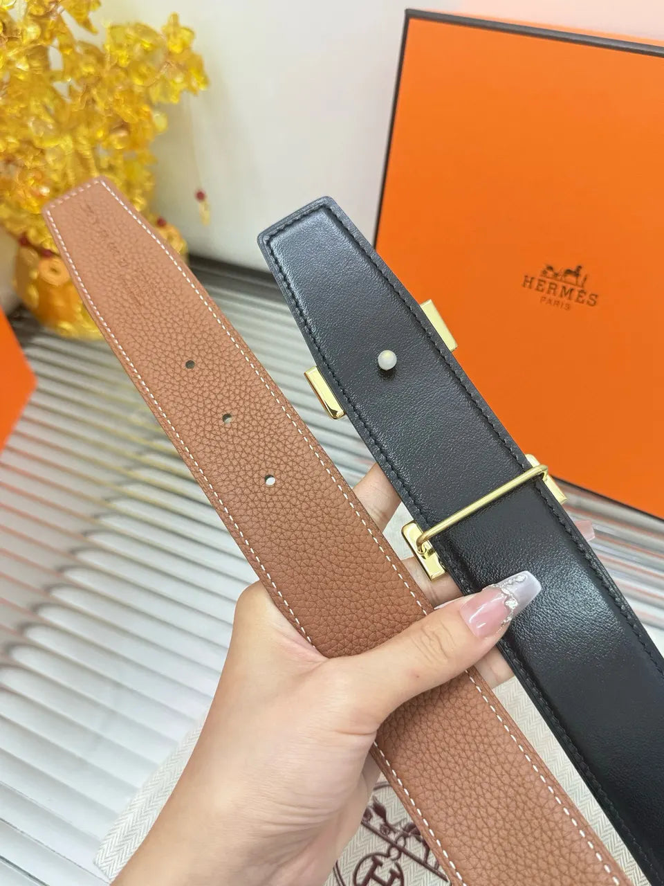 designer style Hermes Gold Buckle Brown Leather Belt - Hình 3