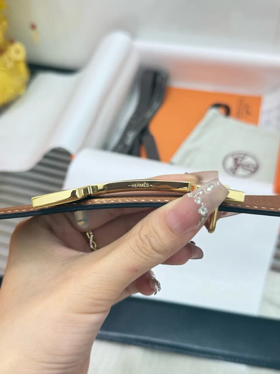 designer style Hermes Gold Buckle Brown Leather Belt - Hình 4