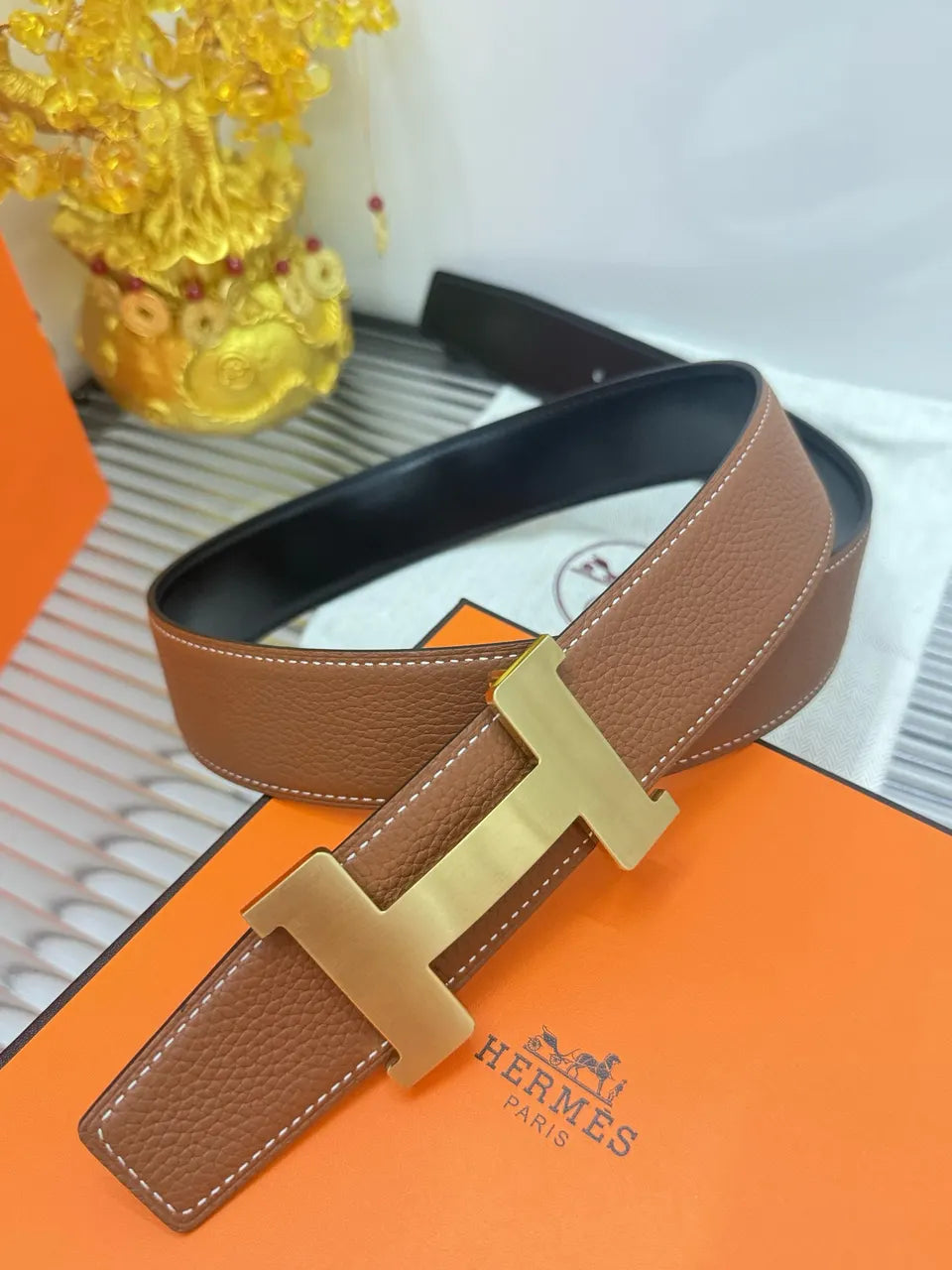 designer style Hermes Gold Buckle Brown Leather Belt - Hình 5