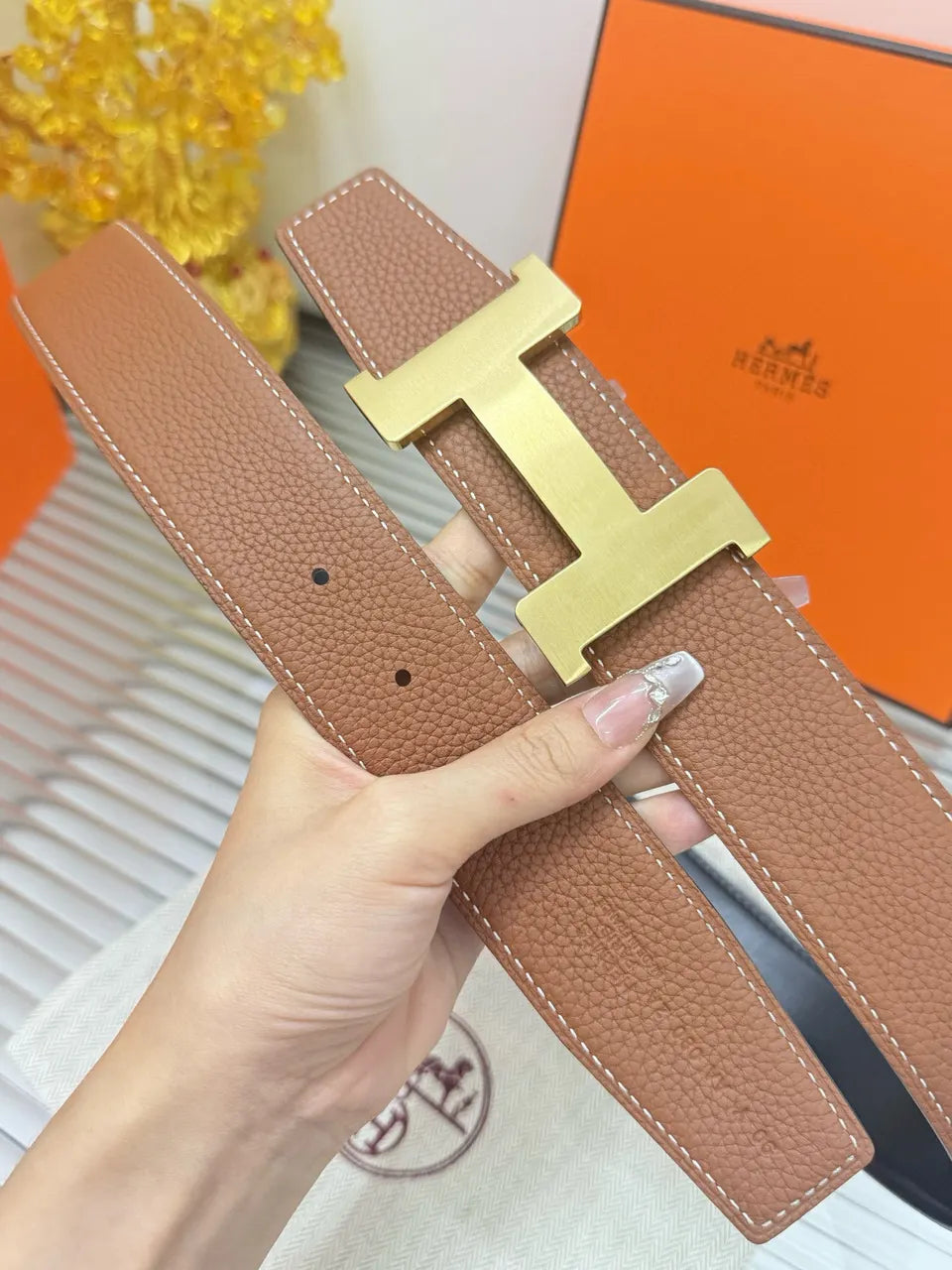 designer style Hermes Gold Buckle Brown Leather Belt - Hình 6
