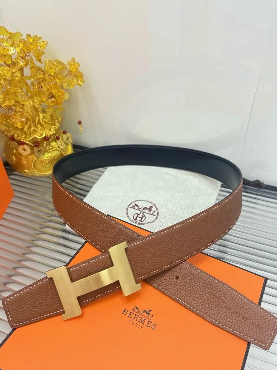designer style Hermes Gold Buckle Brown Leather Belt - Hình 7