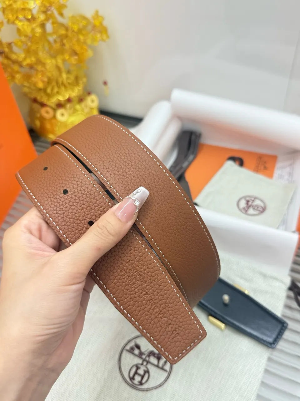 designer style Hermes Gold Buckle Brown Leather Belt - Hình 8