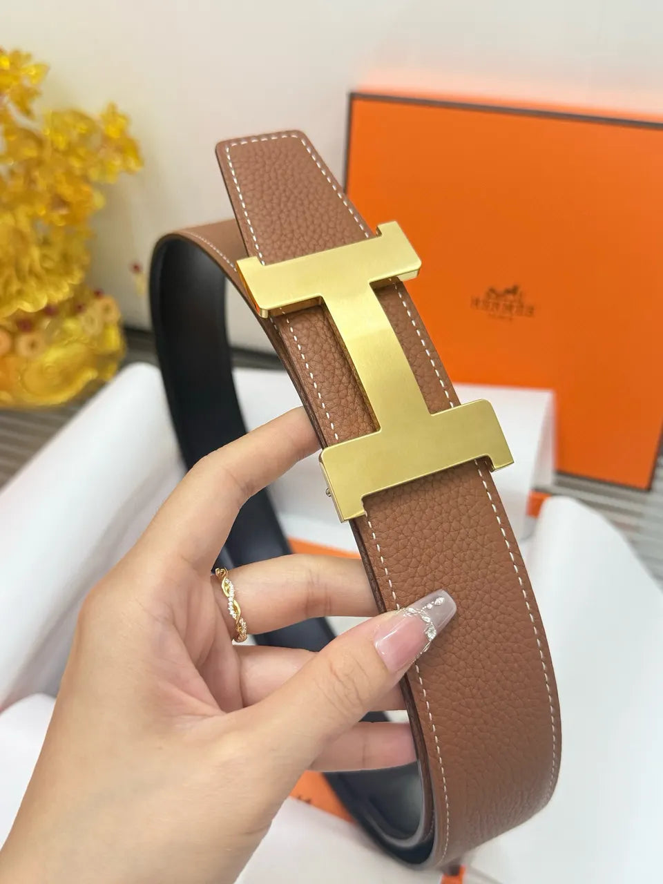 designer style Hermes Gold Buckle Brown Leather Belt - Hình 9