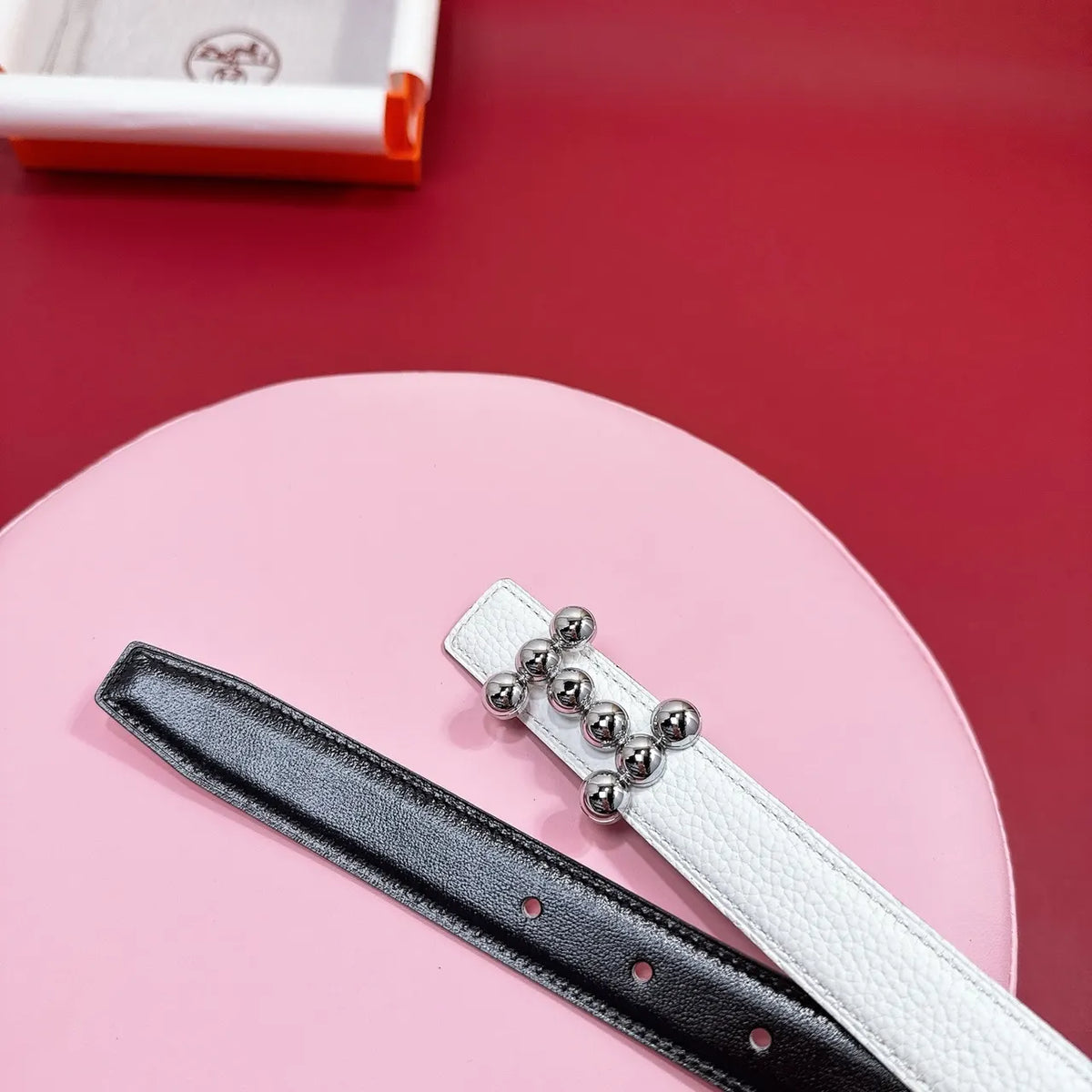 Hermes White Leather Studded Belt - Hình 2