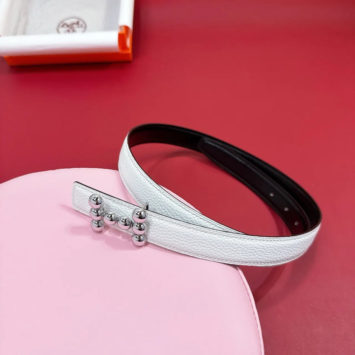 Hermes White Leather Studded Belt - Hình 3