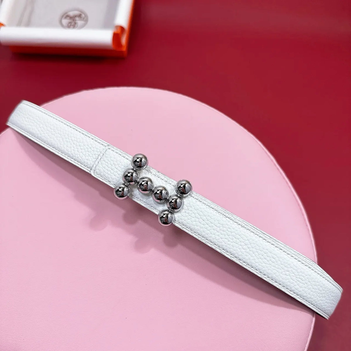 Hermes White Leather Studded Belt - Hình 5