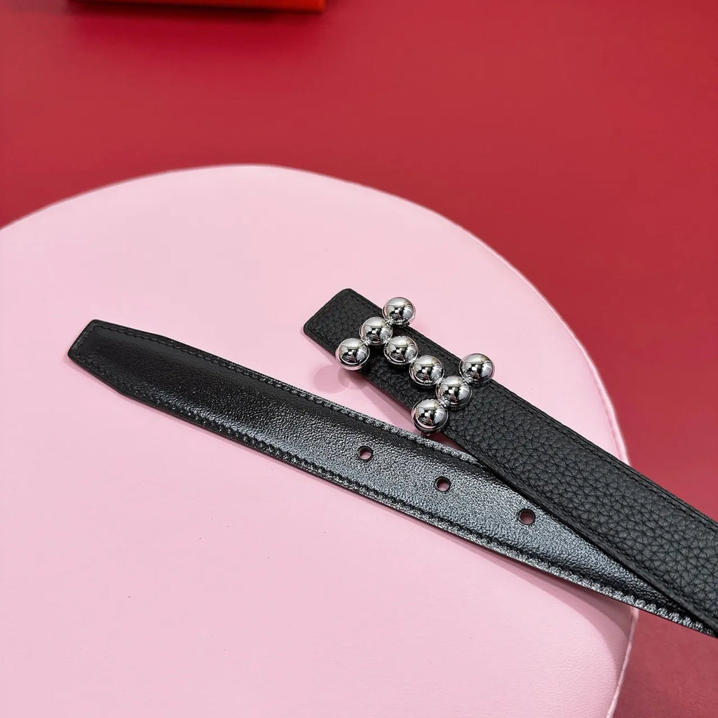 Hermes Black Leather Belt Silver Ball Buckle - Hình 2
