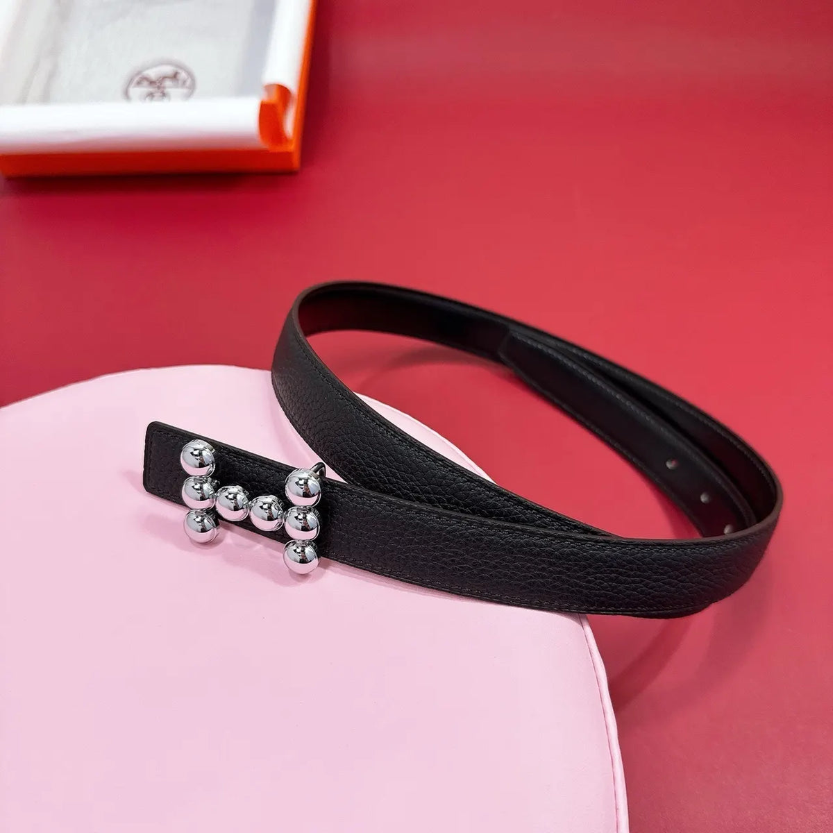 Hermes Black Leather Belt Silver Ball Buckle - Hình 3