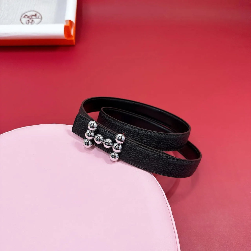 Hermes Black Leather Belt Silver Ball Buckle - Hình 4