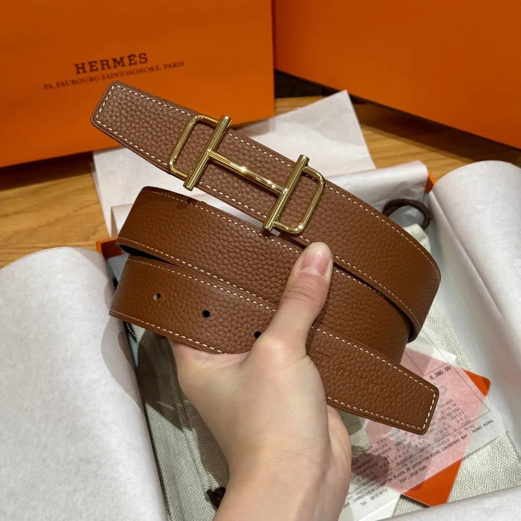 Hermes Gold Buckle Brown Leather Belt designer