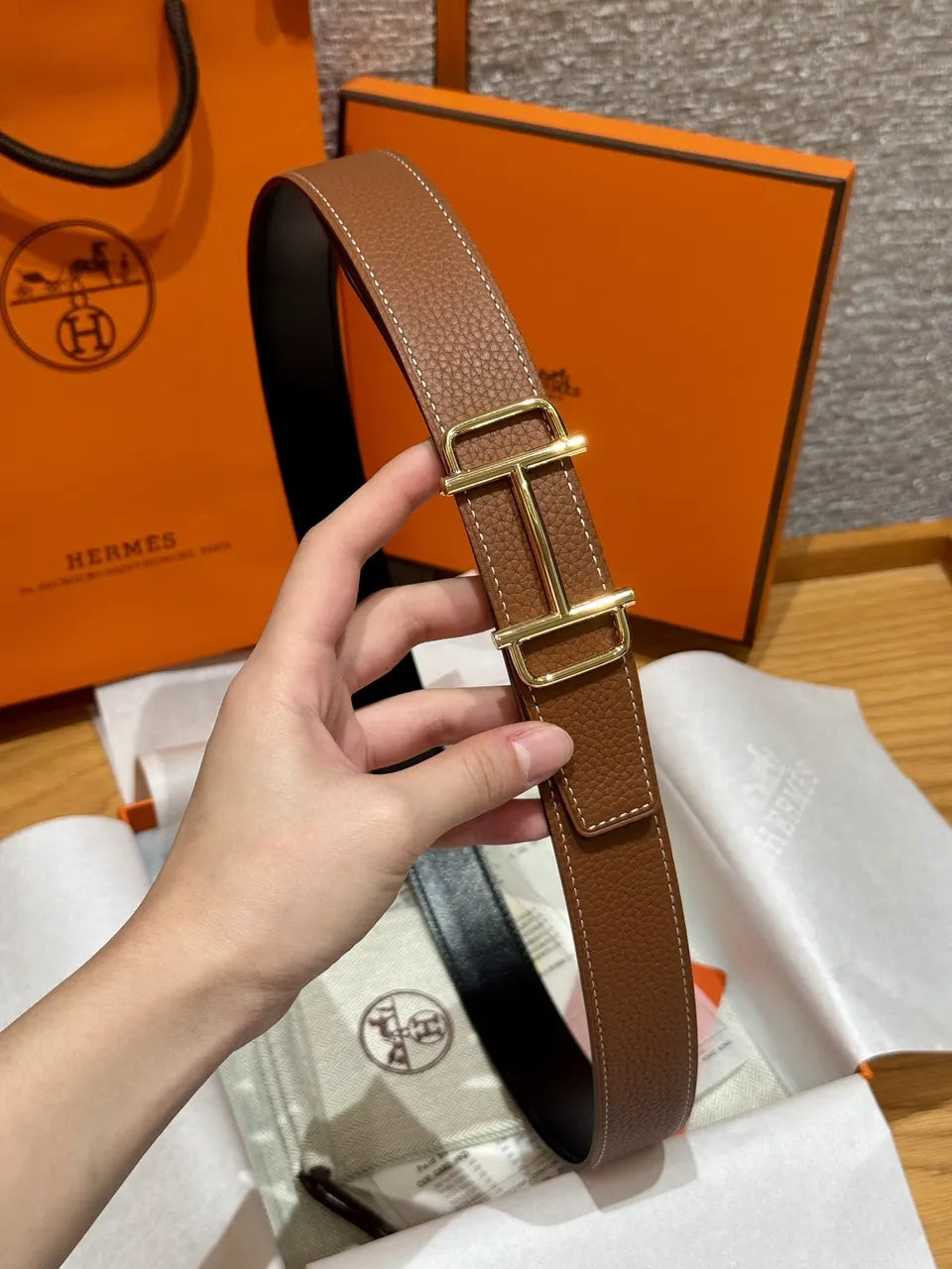 Hermes Gold Buckle Brown Leather Belt designer - Hình 2