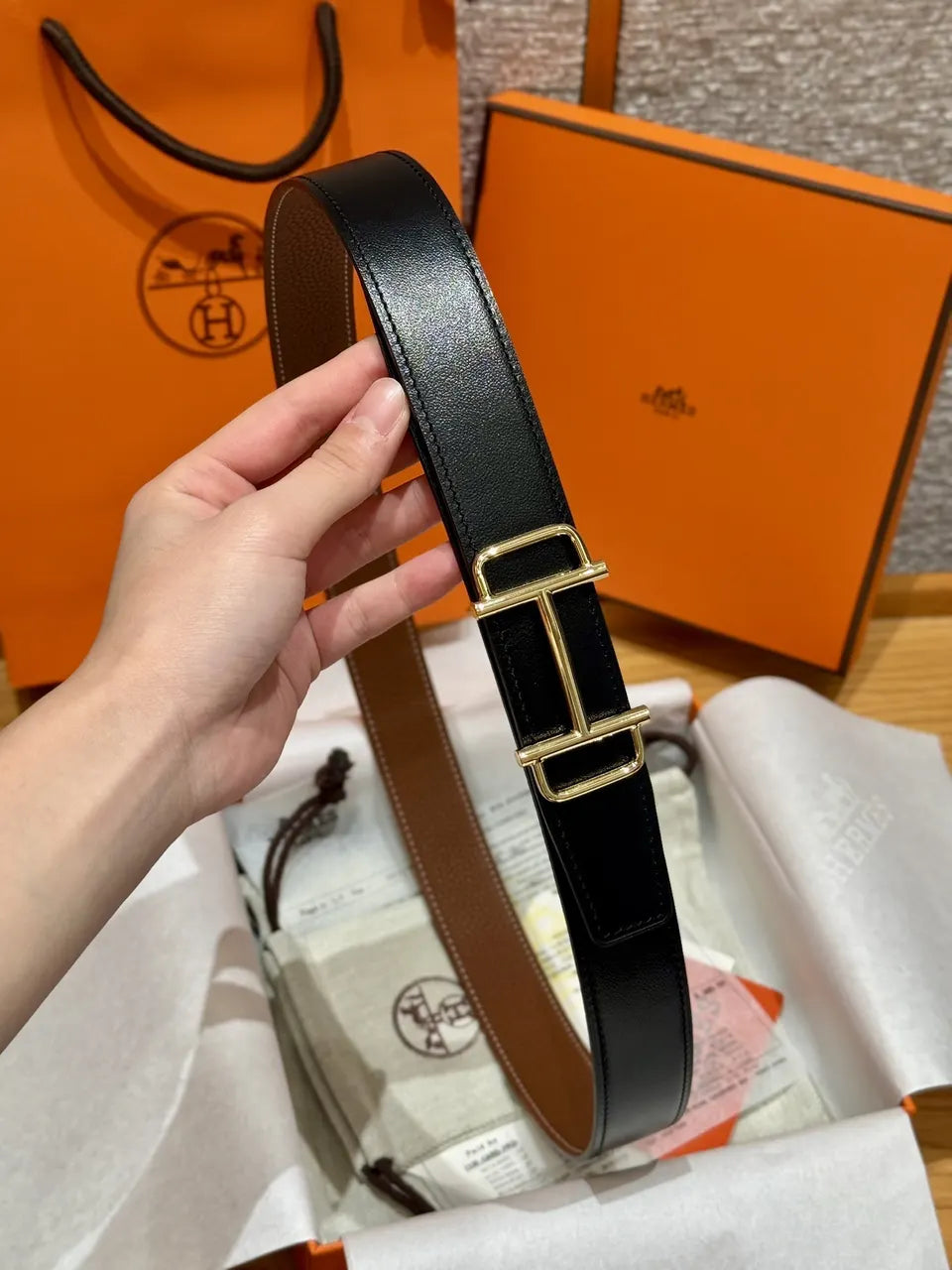 Hermes Gold Buckle Brown Leather Belt designer - Hình 3