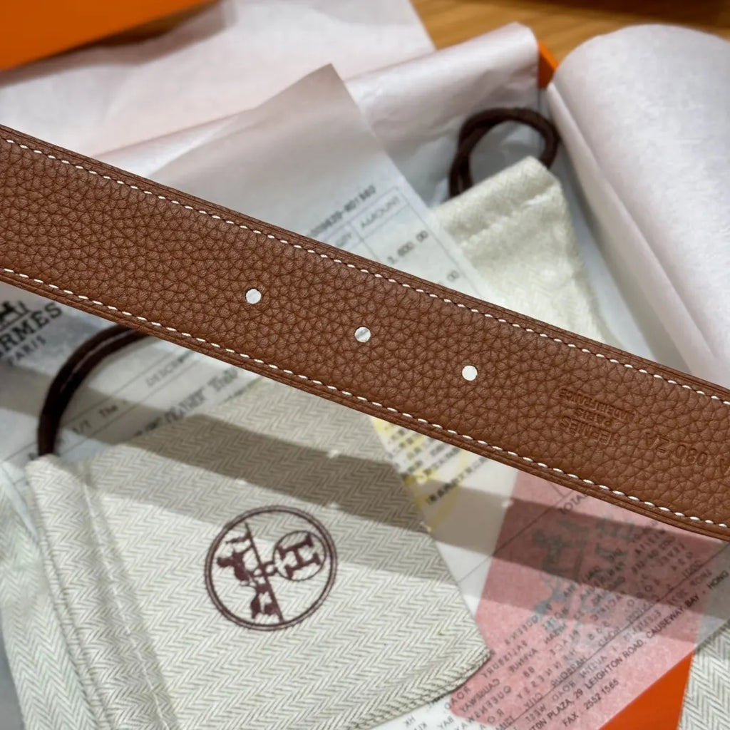 Hermes Gold Buckle Brown Leather Belt designer - Hình 5