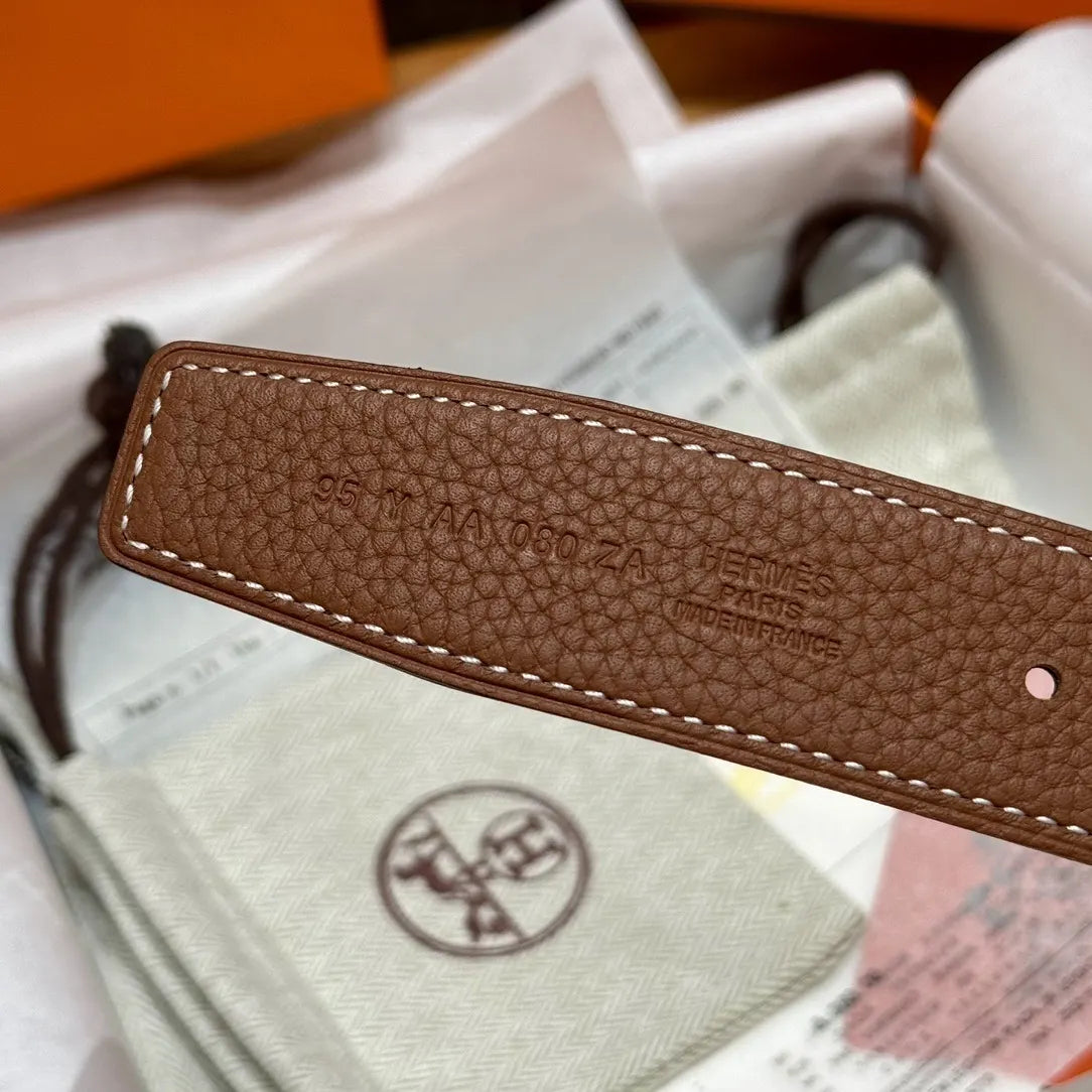 Hermes Gold Buckle Brown Leather Belt designer - Hình 6