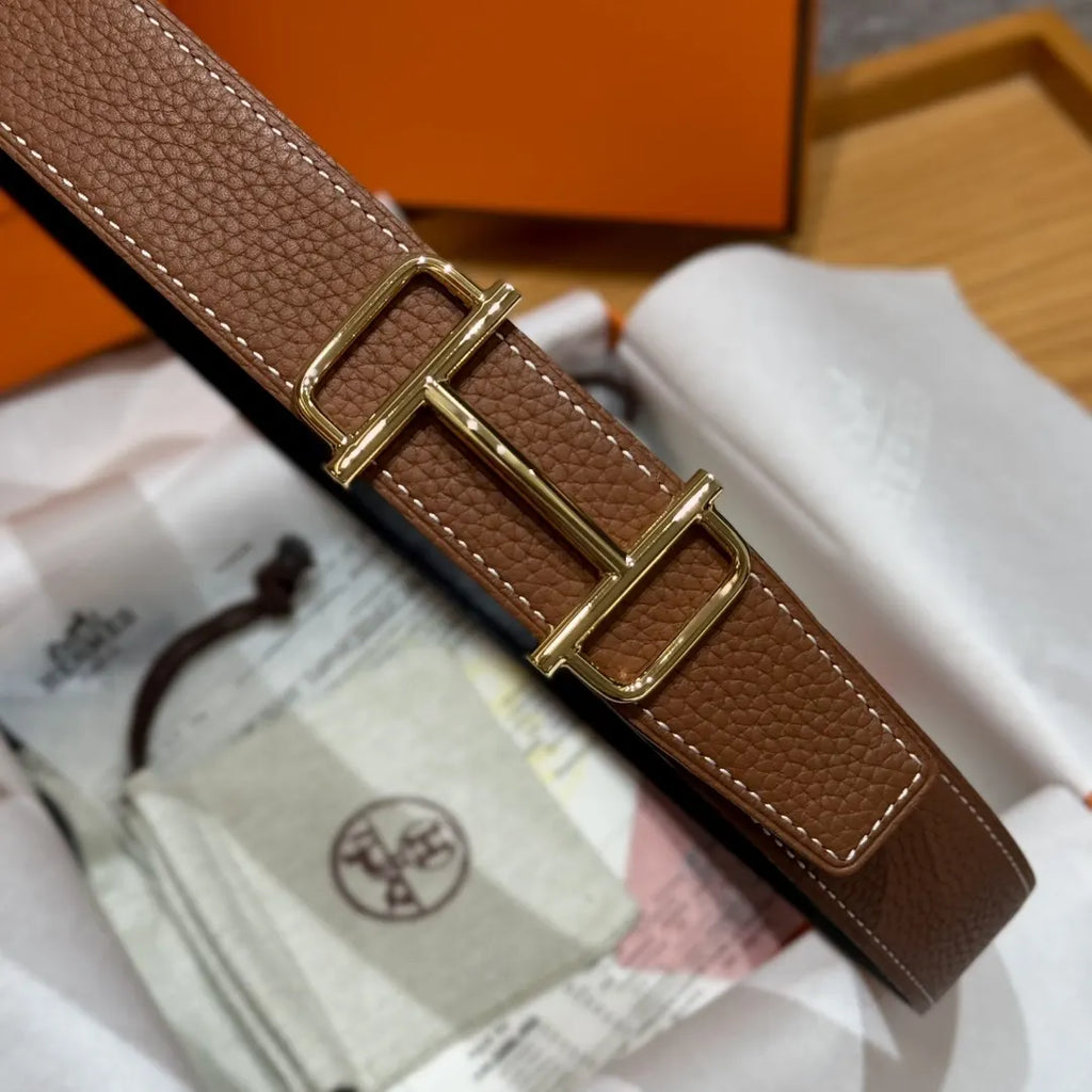 Hermes Gold Buckle Brown Leather Belt designer - Hình 7
