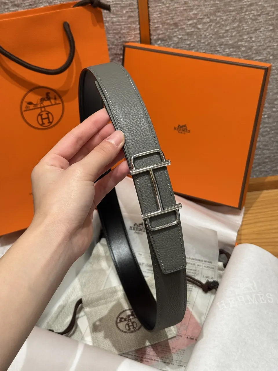 Hermes Grey Reversible Leather Belt