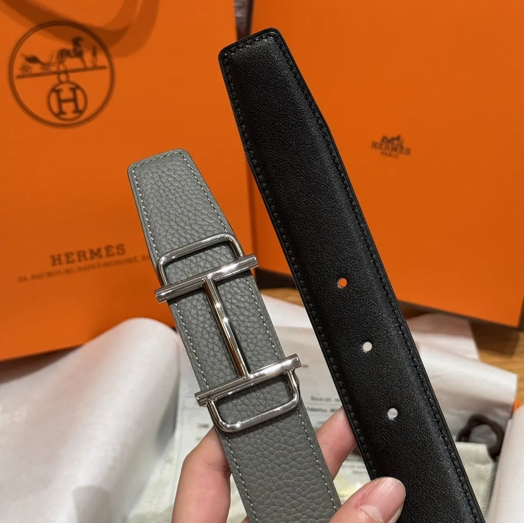 Hermes Grey Reversible Leather Belt - Hình 2