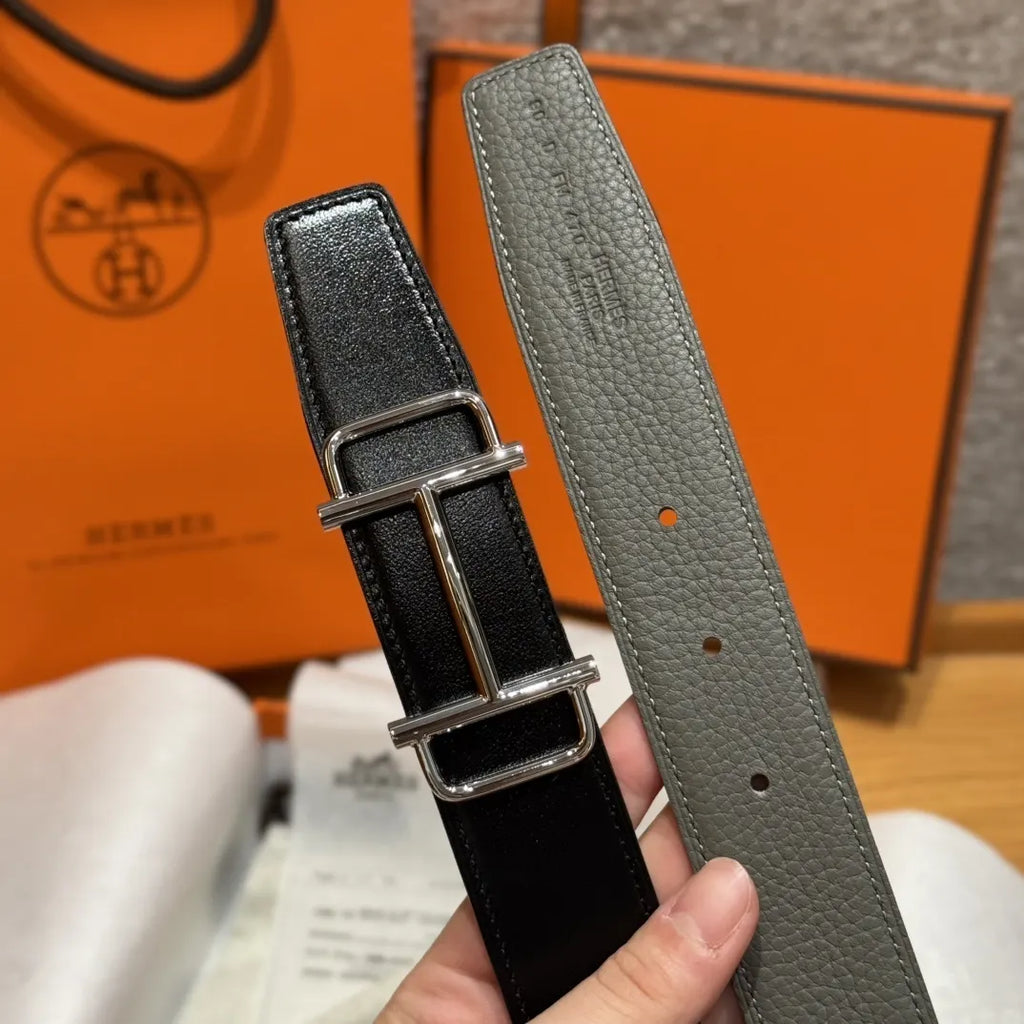 Hermes Grey Reversible Leather Belt - Hình 5