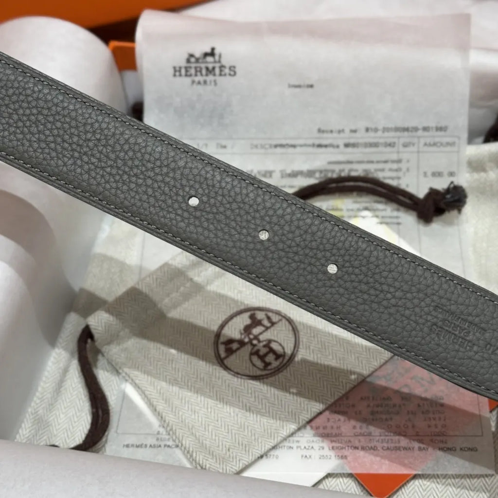 Hermes Grey Reversible Leather Belt - Hình 6