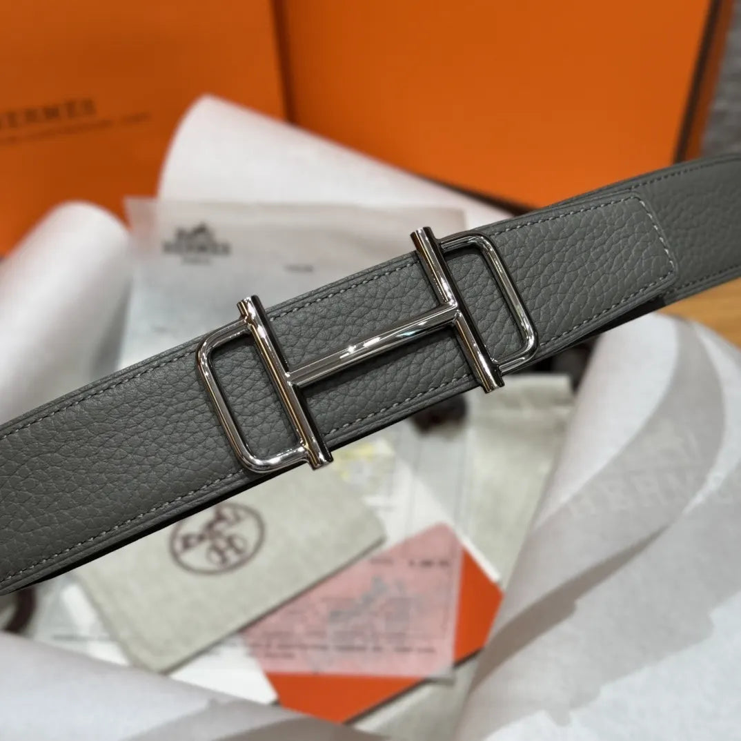 Hermes Grey Reversible Leather Belt - Hình 7