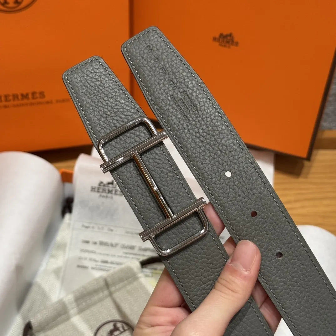 Hermes Grey Reversible Leather Belt - Hình 9