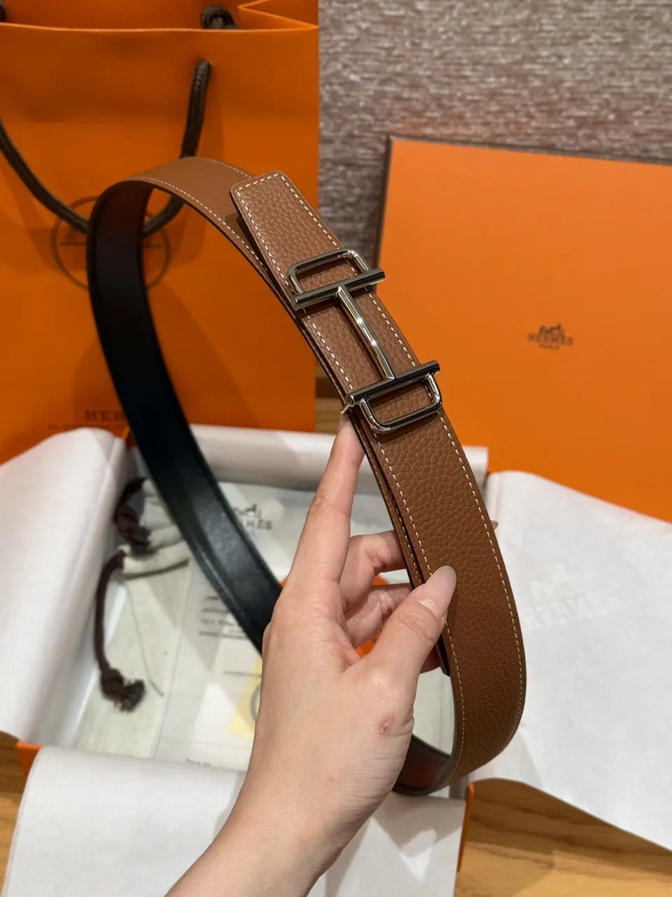 Hermes Gold Togo Leather Belt silver - Hình 3