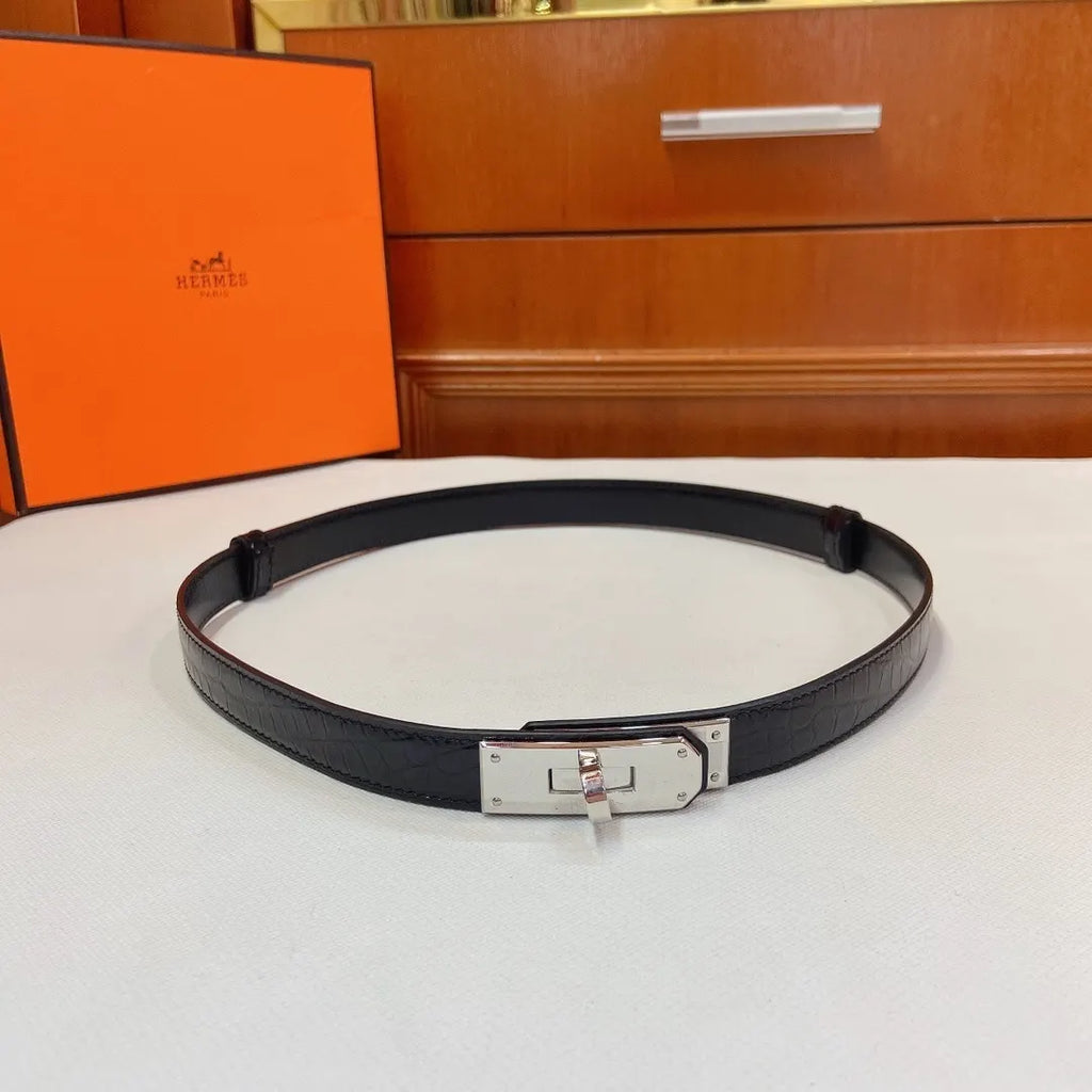 silver Hermes Black Croc Leather Belt