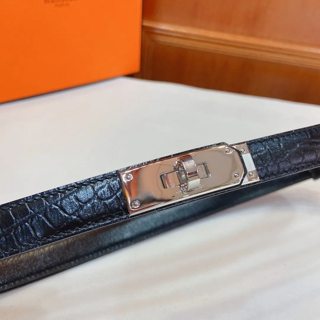 silver Hermes Black Croc Leather Belt - Hình 2