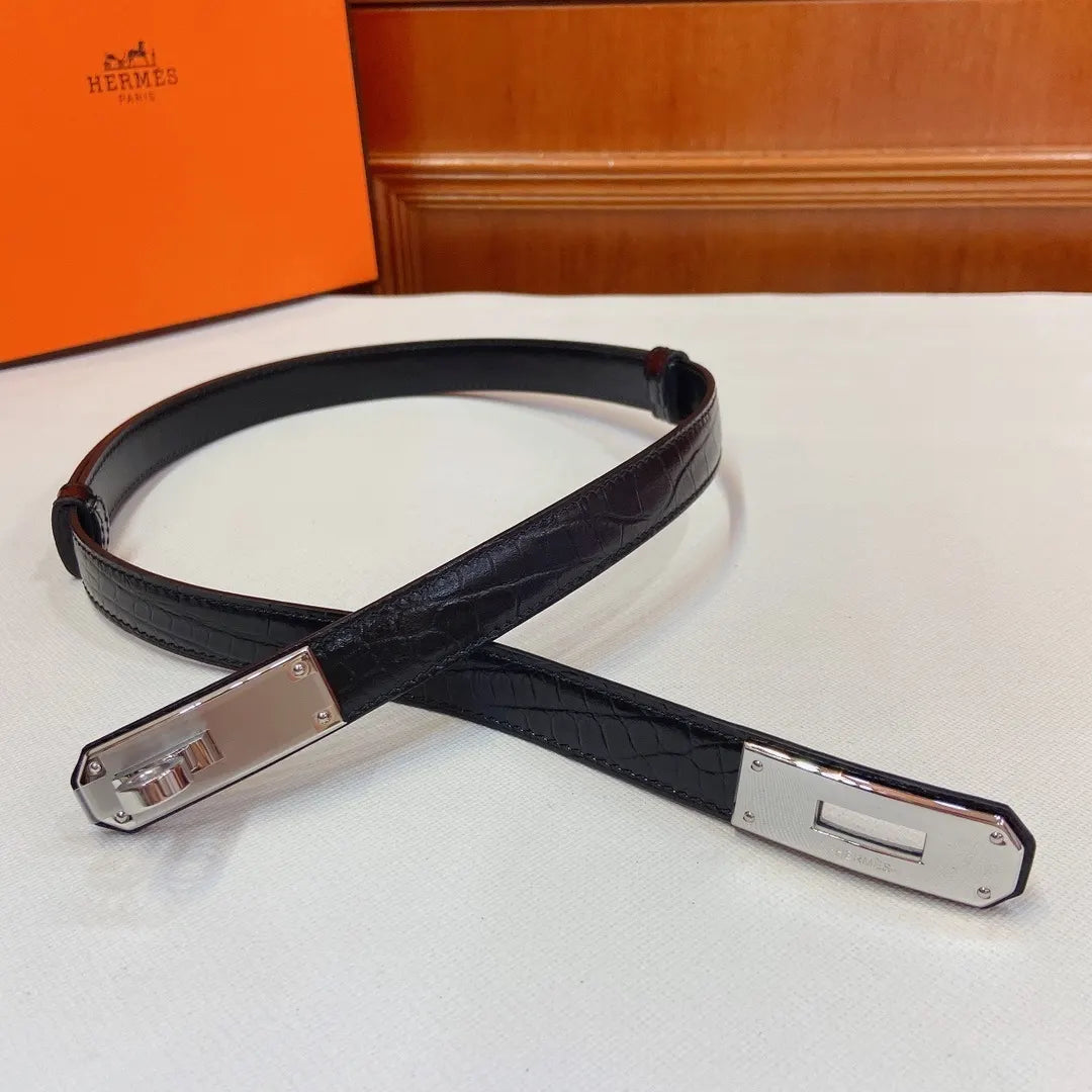 silver Hermes Black Croc Leather Belt - Hình 3