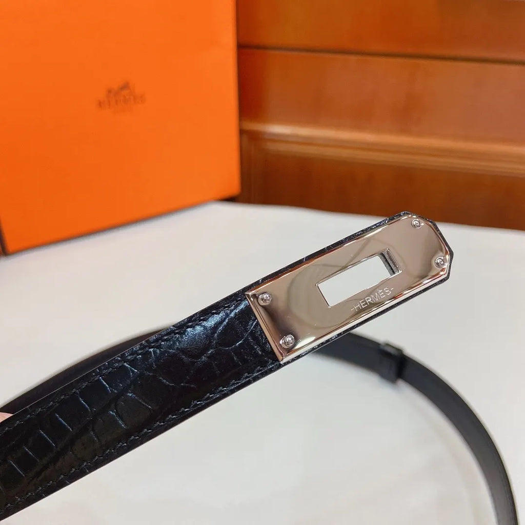 silver Hermes Black Croc Leather Belt - Hình 4