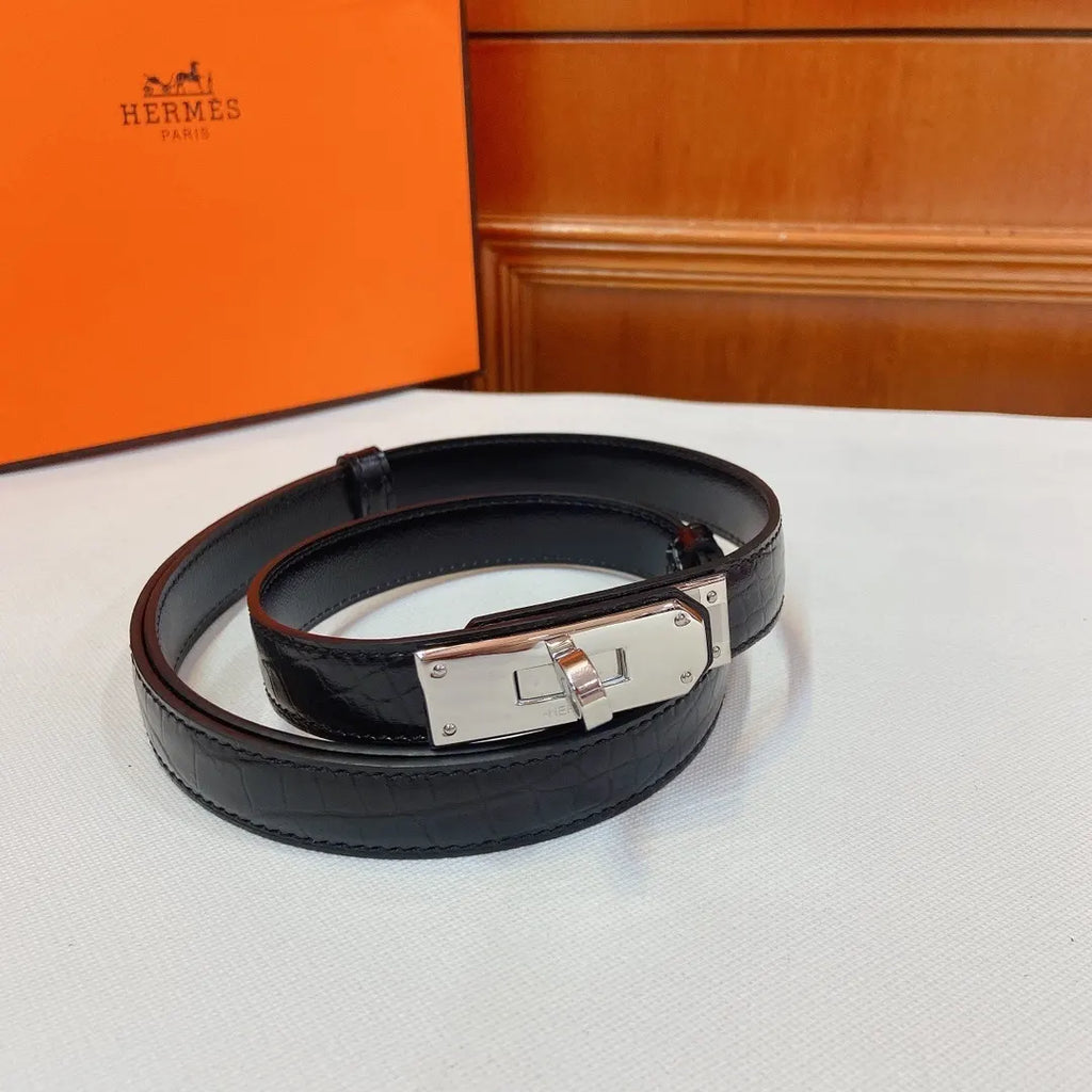 silver Hermes Black Croc Leather Belt - Hình 5