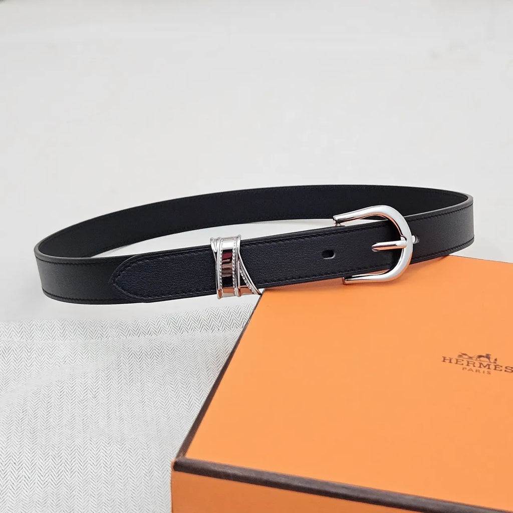 designer Hermes Black Leather Silver Buckle Belt
