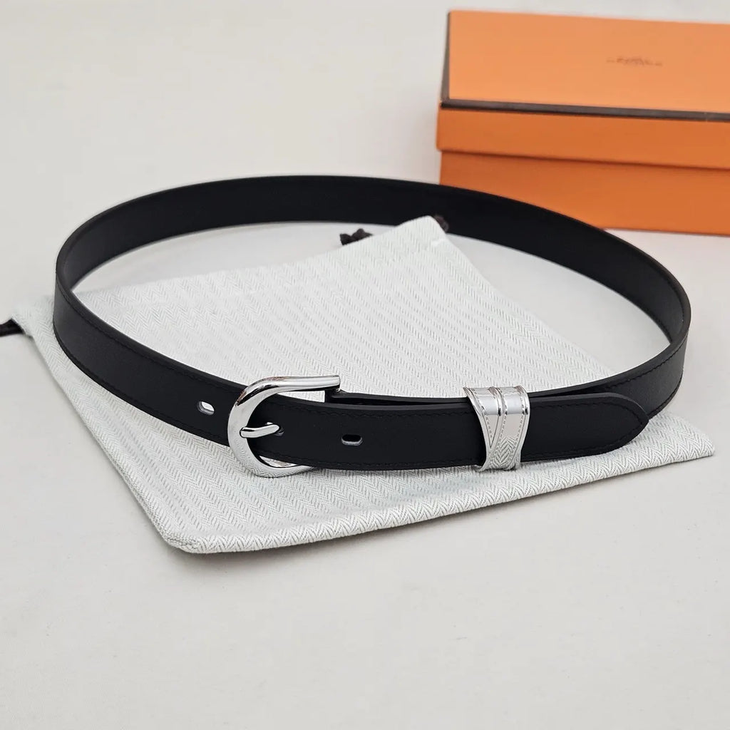 designer Hermes Black Leather Silver Buckle Belt - Hình 2