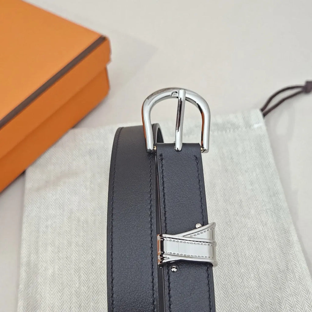 designer Hermes Black Leather Silver Buckle Belt - Hình 6